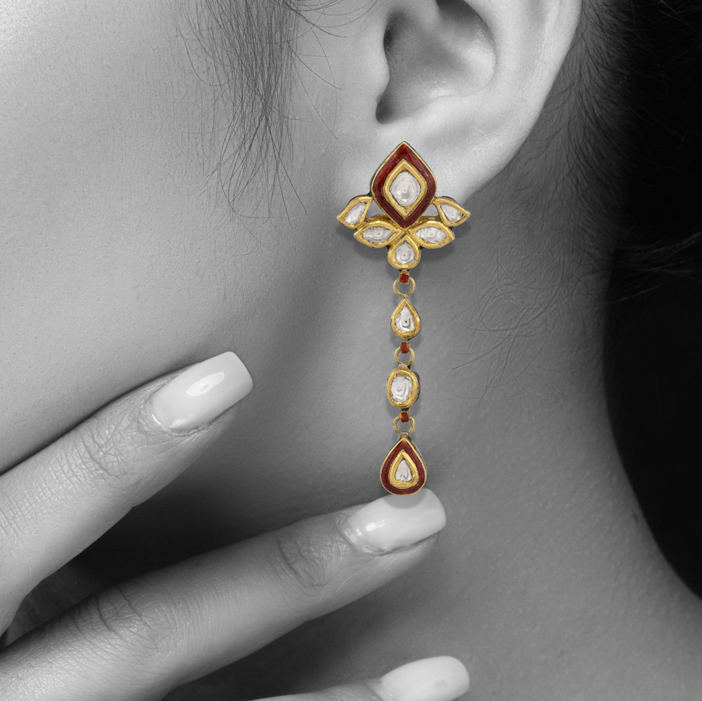 Teardrop Polki Earrings with Red Enamel & Cascading Design